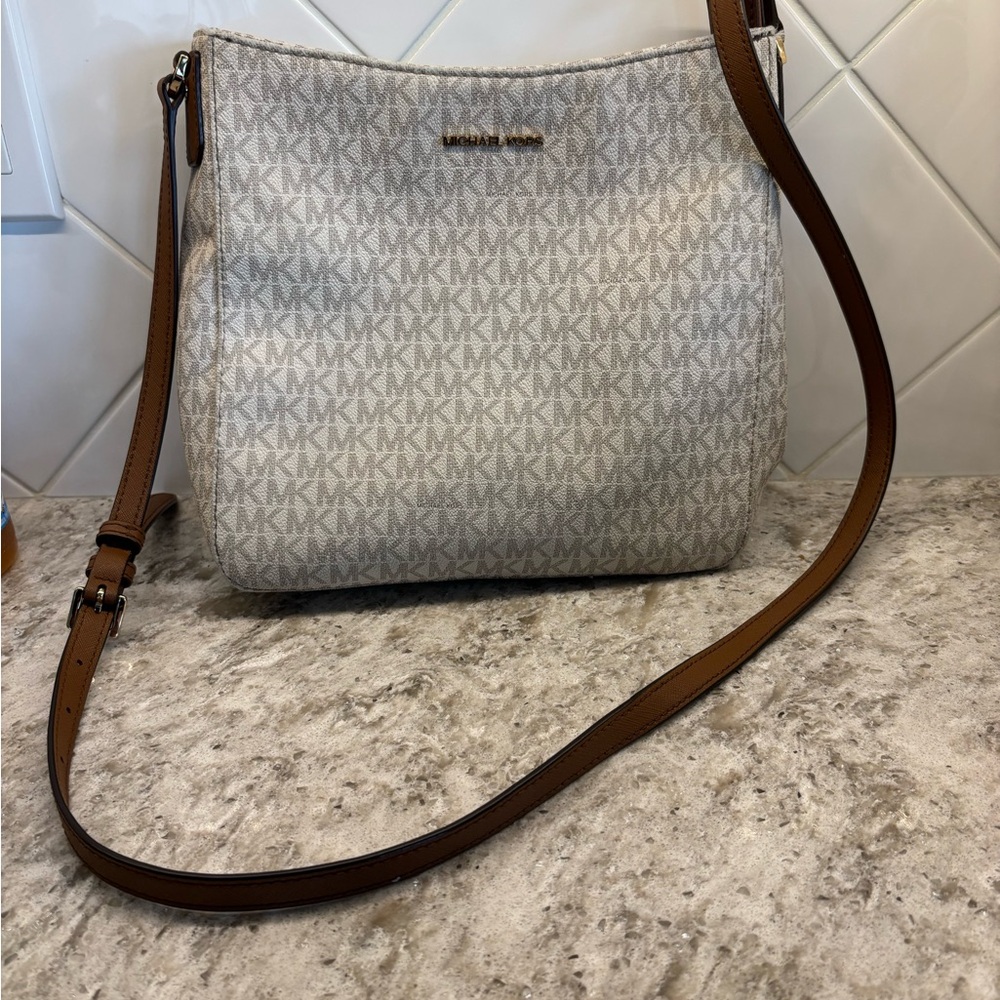 Michael Kors White and Brown Crossbody Bag with MK Monogram